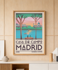 Illustrated Madrid Wall Art poster showing trees framing a lakeside cityscape