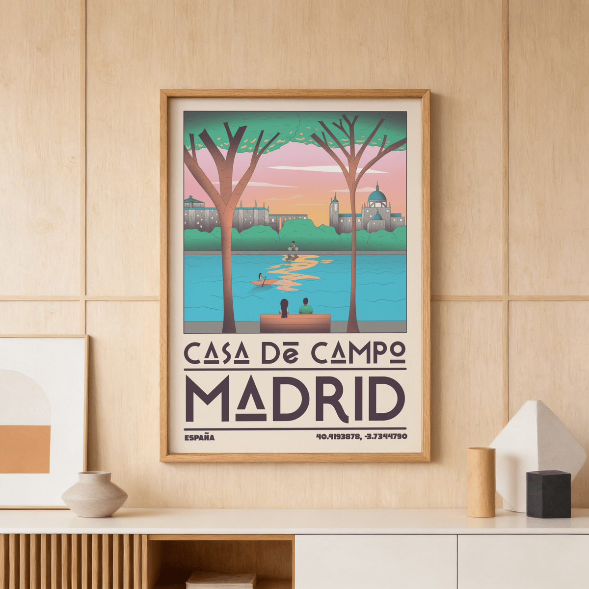 Illustrated Madrid Wall Art poster showing trees framing a lakeside cityscape