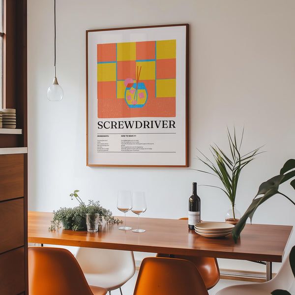 Art prints kitchen themed with a classic Screwdriver drink in a fun retro style.