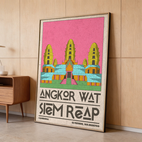 Graphic wall print showing Angkor Wat temple silhouette framed by slim border