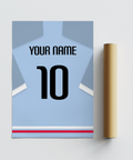 Personalised football shirt wall art print with central number 10 and upper name lettering