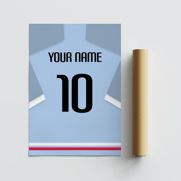 Personalised football shirt wall art print with central number 10 and upper name lettering