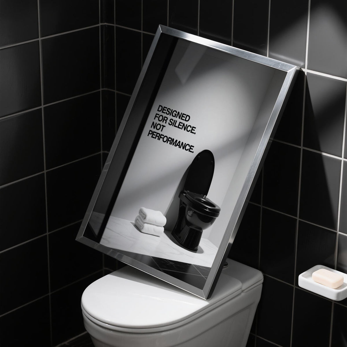 Minimalist Funny Toilet Wall Art in monochrome bathroom setting.