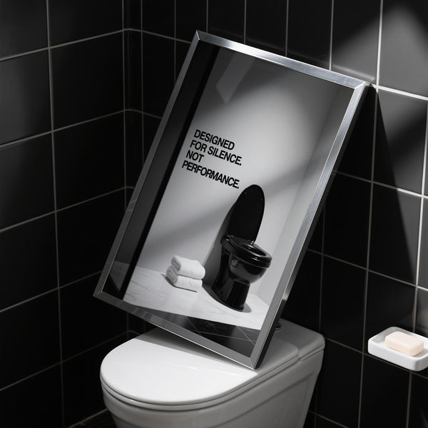 Minimalist Funny Toilet Wall Art in monochrome bathroom setting.