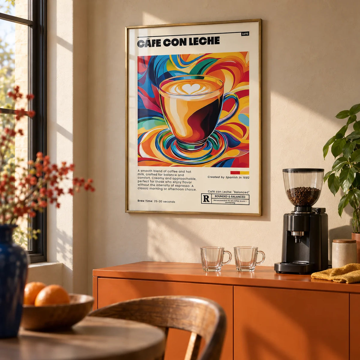Cafe Con Leche Art, framed on the wall of a home café corner in a kitchen