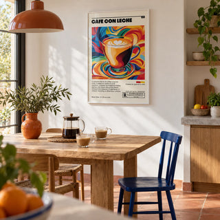 Cafe Con Leche Art, framed on the wall of an open-plan kitchen-diner with a terracotta floor