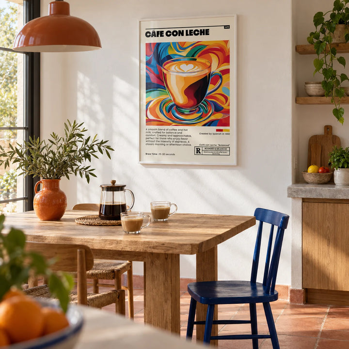 Cafe Con Leche Art, framed on the wall of an open-plan kitchen-diner with a terracotta floor