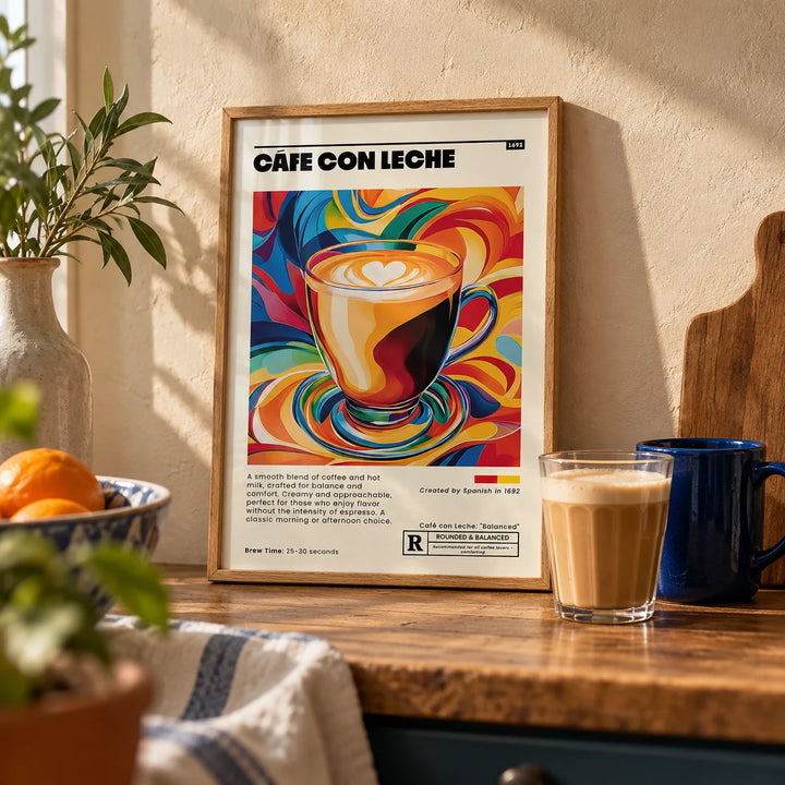 Cafe Con Leche Art, a small A4 framed print leaning on a wooden worktop in a kitchen