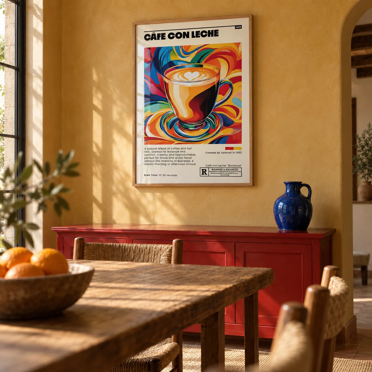 Cafe Con Leche Art, framed on the wall of a Spanish-modern dining room