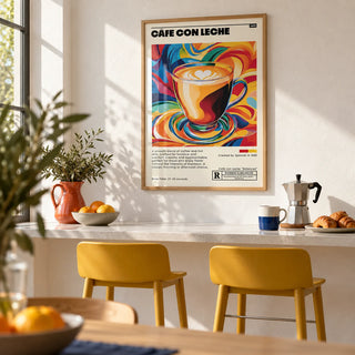 Cafe Con Leche Art, framed on the wall of a sunny breakfast bar in a kitchen