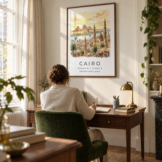 Cairo Landscape Wall Art, framed on the wall of a quiet study in a UK period flat with warm white walls and a tall window with plain linen curtains