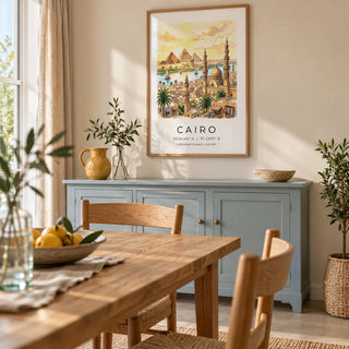Cairo Landscape Wall Art, framed on the wall of a relaxed dining room in a UK garden flat with pale warm walls