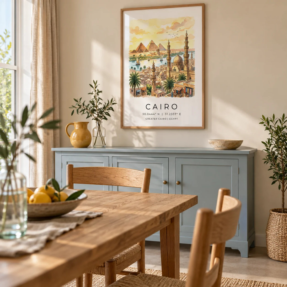 Cairo Landscape Wall Art, framed on the wall of a relaxed dining room in a UK garden flat with pale warm walls