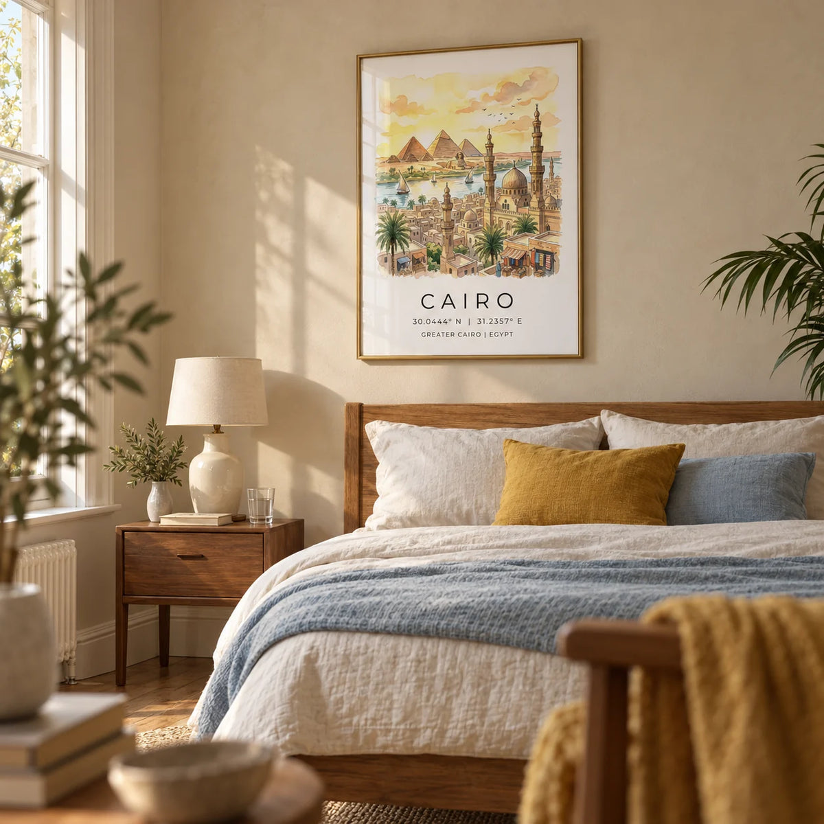 Cairo Landscape Wall Art, framed on the wall of a restful adult bedroom in a UK townhouse with sandy beige plaster walls and oak floorboards