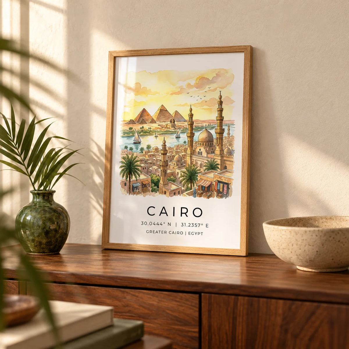 Cairo Landscape Wall Art, a small A4 framed print leaning on a walnut sideboard in a living room
