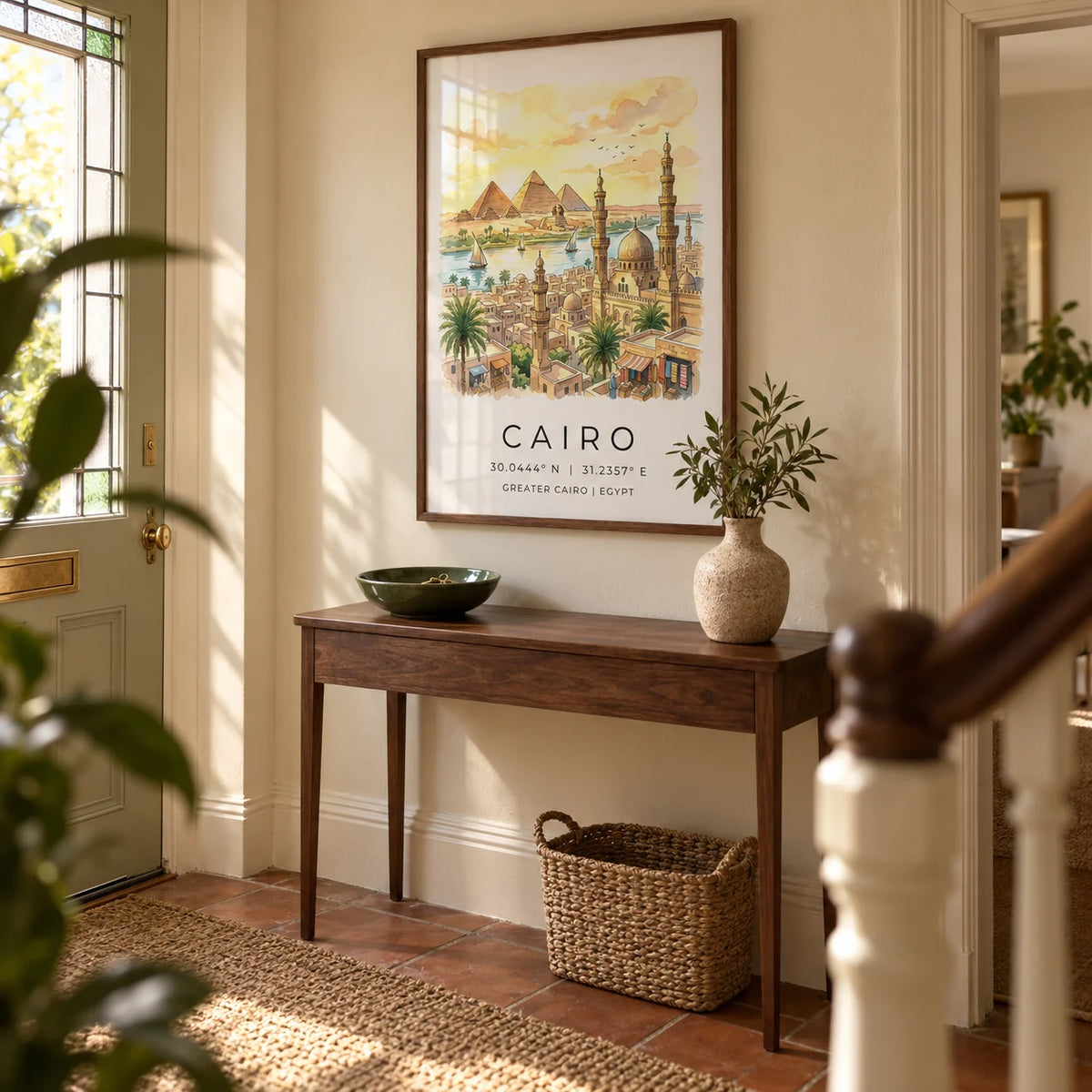 Cairo Landscape Wall Art, framed on the wall of a welcoming hallway in a UK terraced home with warm cream plaster walls and terracotta floor tiles