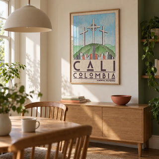 Cali Colombia Art Print, framed on the wall of a characterful dining room in a UK first home for a couple aged 28-38