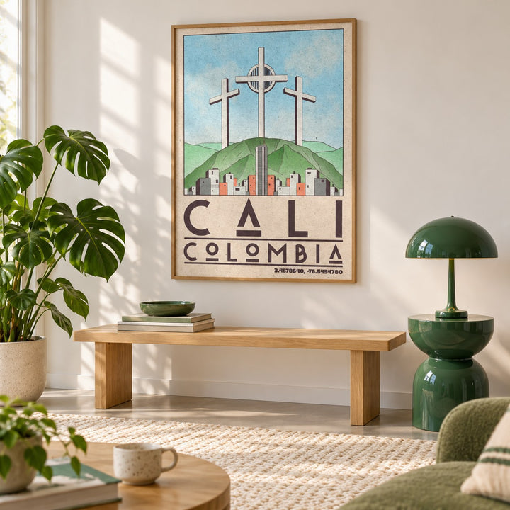 Cali Colombia Art Print shown in a minimalist living room with an oak bench (frame not included)