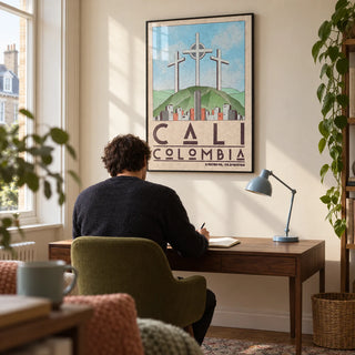 Cali Colombia Art Print, framed on the wall of a quiet home study in a UK city flat with a cream wall and an olive green desk chair