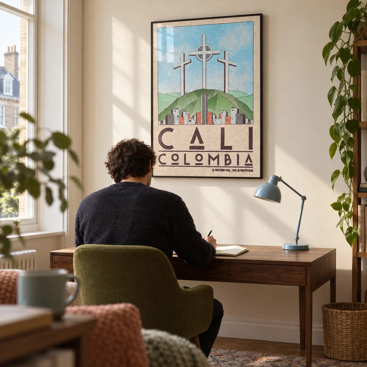 Cali Colombia Art Print, framed on the wall of a quiet home study in a UK city flat with a cream wall and an olive green desk chair
