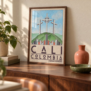 Cali Colombia Art Print, a small A4 framed print leaning on a walnut sideboard in a living room