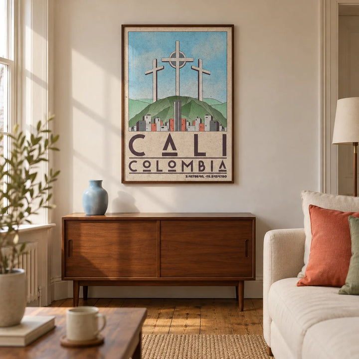 Cali Colombia Art Print, framed on the wall of a warm living room in a UK Victorian terrace with cream plaster walls and restored wooden floorboards