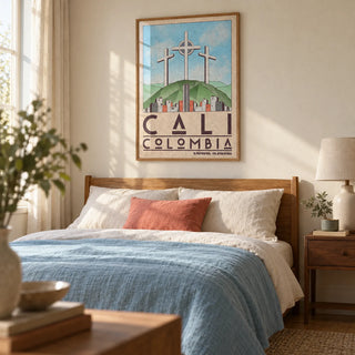 Cali Colombia Art Print, framed on the wall of a warm travel-inspired bedroom in a UK home with cream plaster walls and oak floorboards