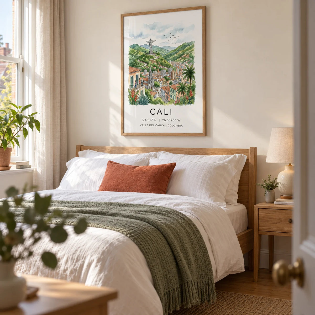 Cali Colombia Poster, framed on the wall of a calm bedroom in a UK terraced home with a pale cream wall and an oak floor