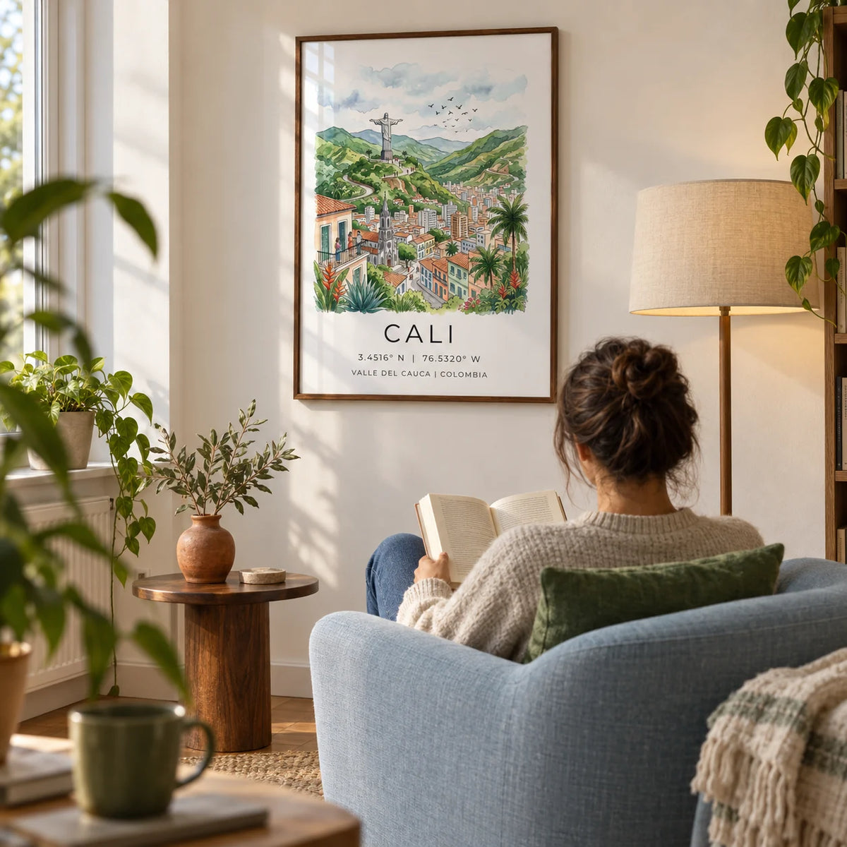 Cali Colombia Poster, framed on the wall of a quiet reading corner in a UK flat with a warm white wall and wooden floor in a living room