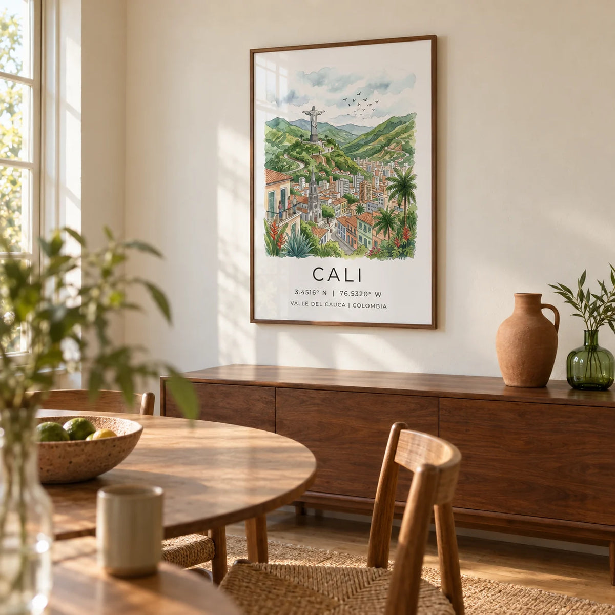 Cali Colombia Poster, framed on the wall of a relaxed dining room in a renovated UK terrace with pale cream plaster walls