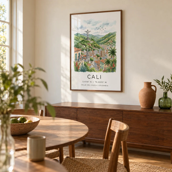 Cali Colombia Poster, framed on the wall of a relaxed dining room in a renovated UK terrace with pale cream plaster walls