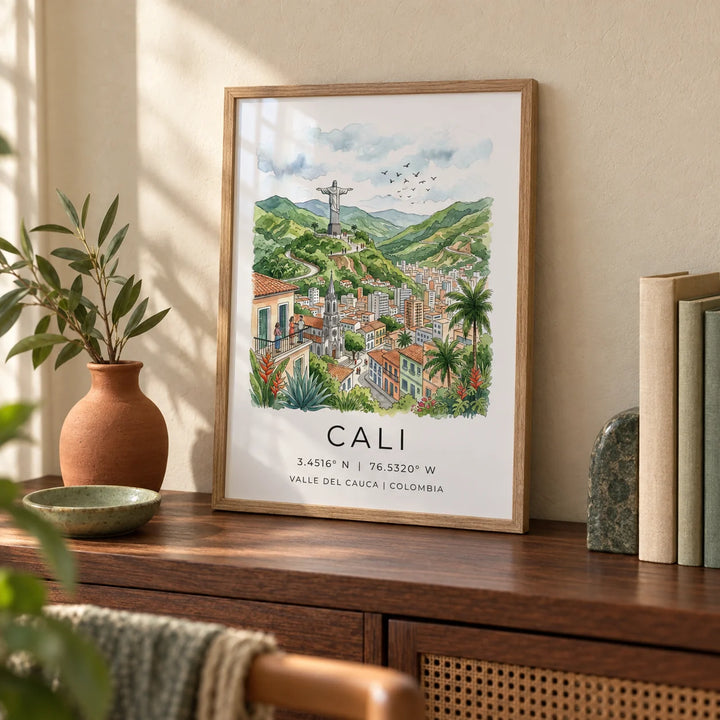 Cali Colombia Poster, a small A4 framed print leaning on a walnut study shelf