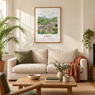 Cali Colombia Poster, framed on the wall of a warm living room in a UK terraced house with cream limewashed walls and honey-toned floorboards