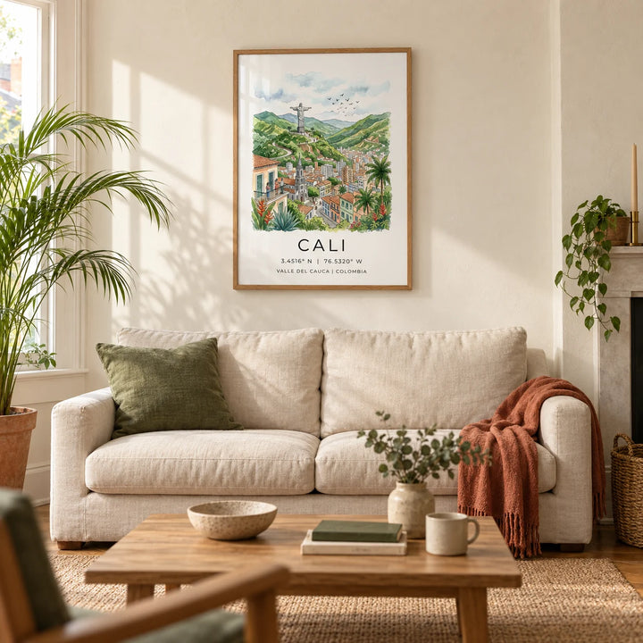 Cali Colombia Poster, framed on the wall of a warm living room in a UK terraced house with cream limewashed walls and honey-toned floorboards