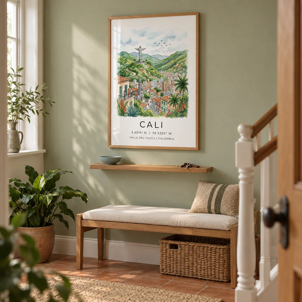 Cali Colombia Poster, framed on the wall of a welcoming hallway in a UK maisonette with a muted pale green wall and a simple terracotta floor