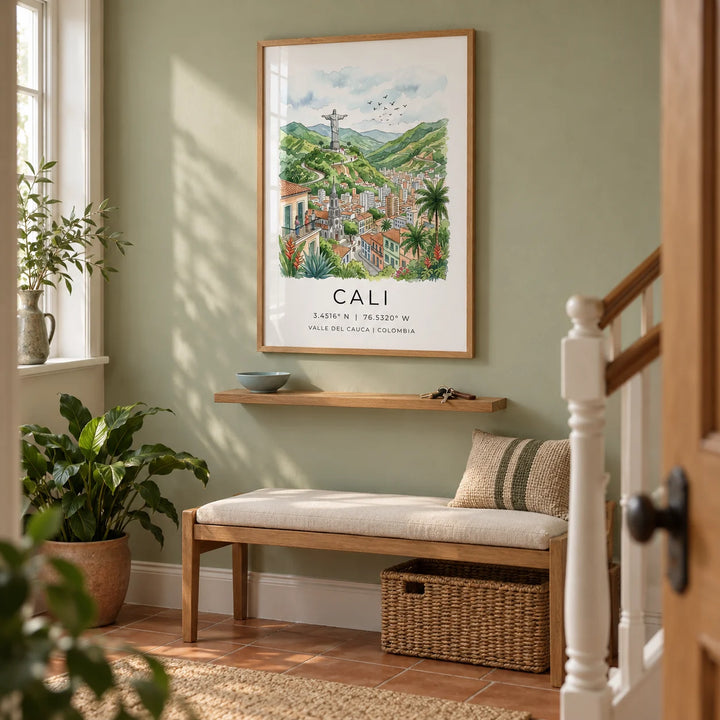 Cali Colombia Poster, framed on the wall of a welcoming hallway in a UK maisonette with a muted pale green wall and a simple terracotta floor