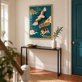 Calico Cat Poster, framed on the wall of a bright hallway in a modern UK maisonette with warm white walls and a plain terracotta floor