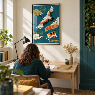 Calico Cat Poster, framed on the wall of a compact creative home study with a cream wall and a teal painted storage cupboard