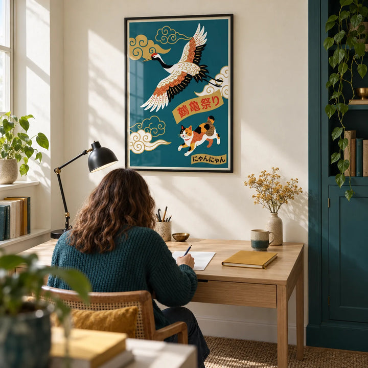 Calico Cat Poster, framed on the wall of a compact creative home study with a cream wall and a teal painted storage cupboard