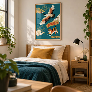 Calico Cat Poster, framed on the wall of a contemporary single bedroom for a young adult (18-25) with a warm white wall and simple oak furniture