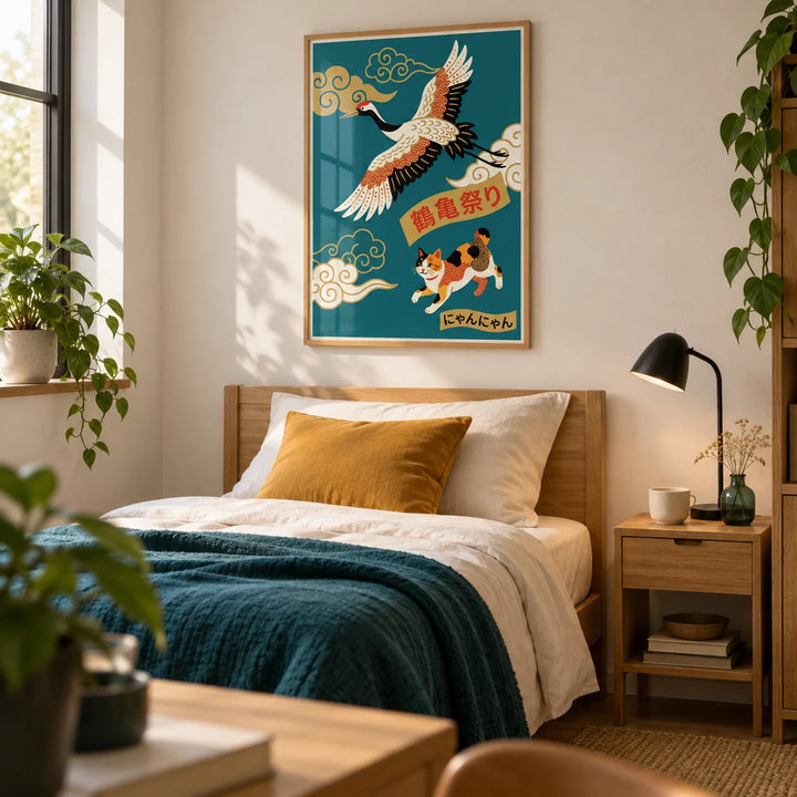 Calico Cat Poster, framed on the wall of a contemporary single bedroom for a young adult (18-25) with a warm white wall and simple oak furniture