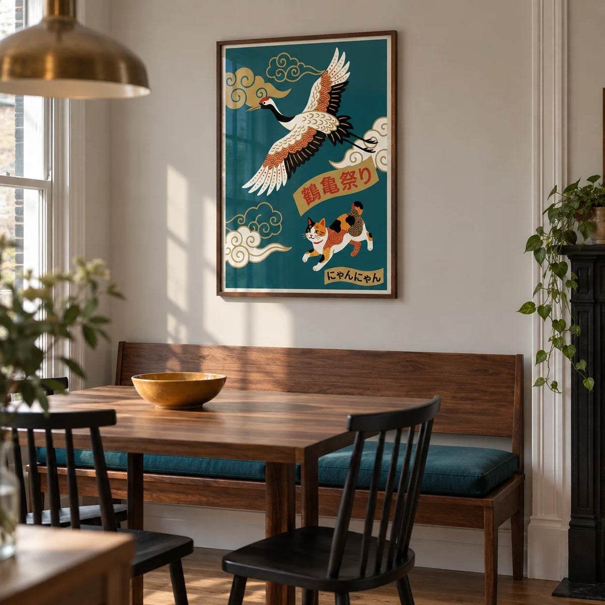 Calico Cat Poster, framed on the wall of a design-led dining nook in a Victorian terrace with a pale warm grey wall