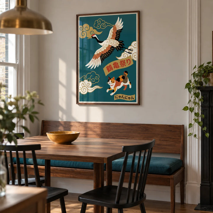 Calico Cat Poster, framed on the wall of a design-led dining nook in a Victorian terrace with a pale warm grey wall