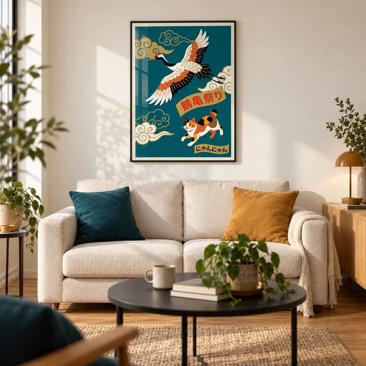 Calico Cat Poster, framed on the wall of a modern living room in a UK first flat (22-28) with warm white walls and oak flooring