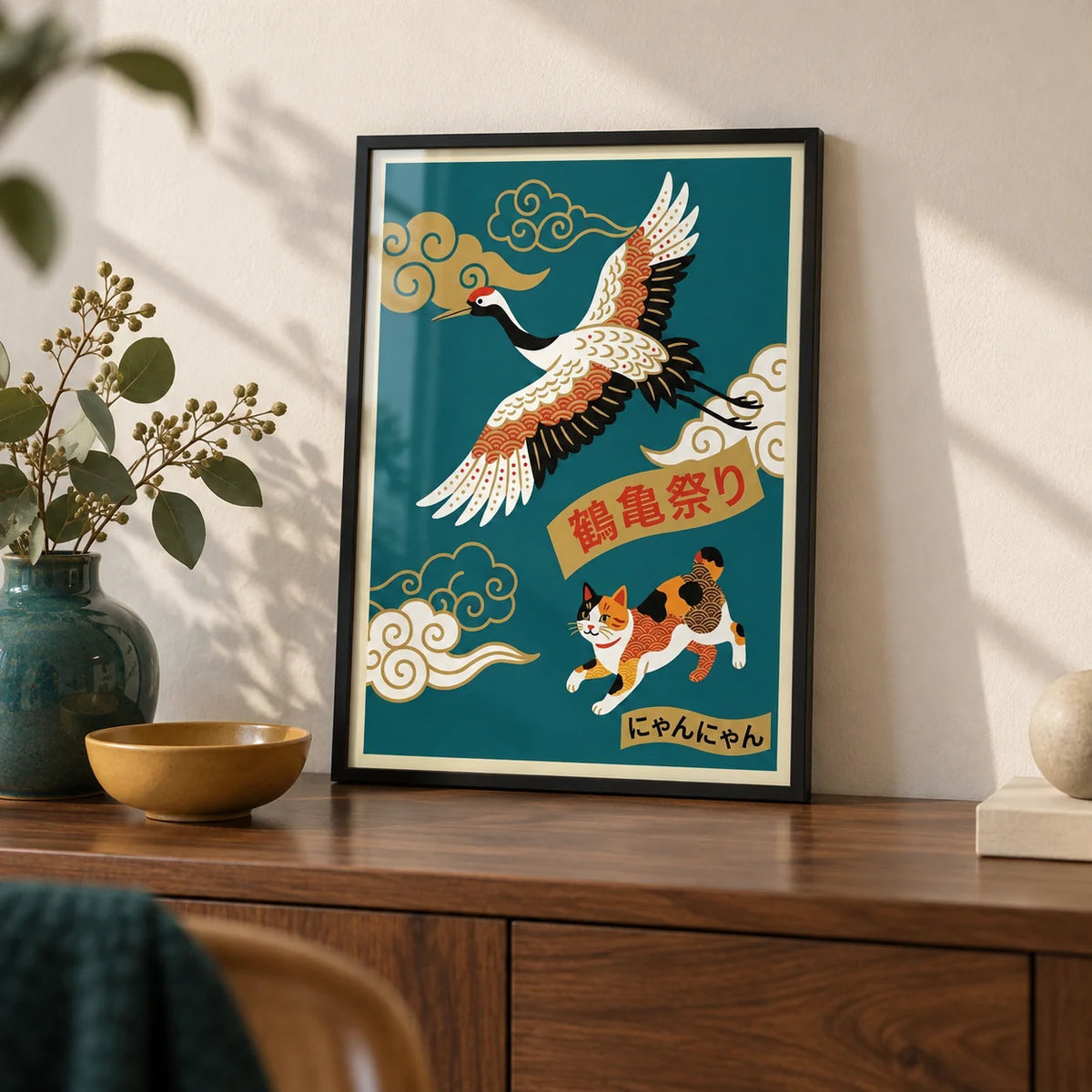 Calico Cat Poster, a small A4 framed print leaning on a walnut sideboard in a living room