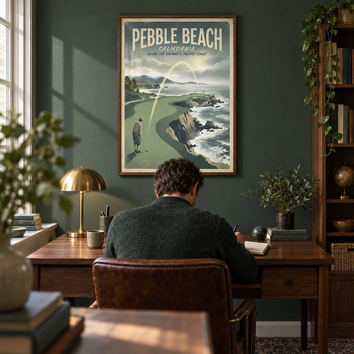 California Coastal Golf Print, framed on the wall of a characterful home study with a deep green painted wall