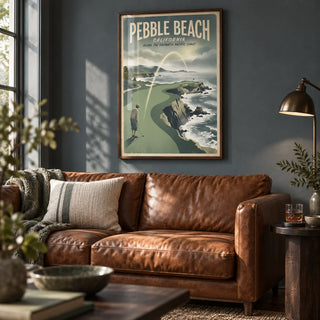 California Coastal Golf Print, framed on the wall of a cosy snug with a slate grey-blue painted wall and a dark wood floor in a living room
