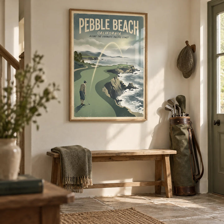 California Coastal Golf Print, framed on the wall of a country hallway with a cream wall and a plain stone floor