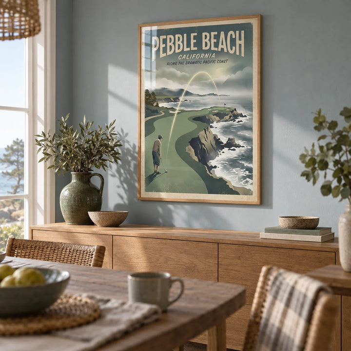 California Coastal Golf Print, framed on the wall of a relaxed coastal dining room with a soft grey-blue wall