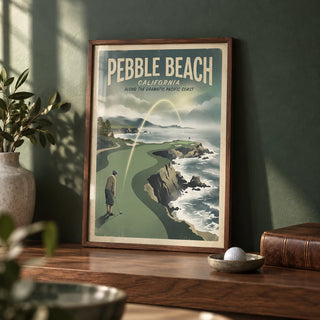 California Coastal Golf Print, a small A4 framed print leaning on a walnut shelf in a living room